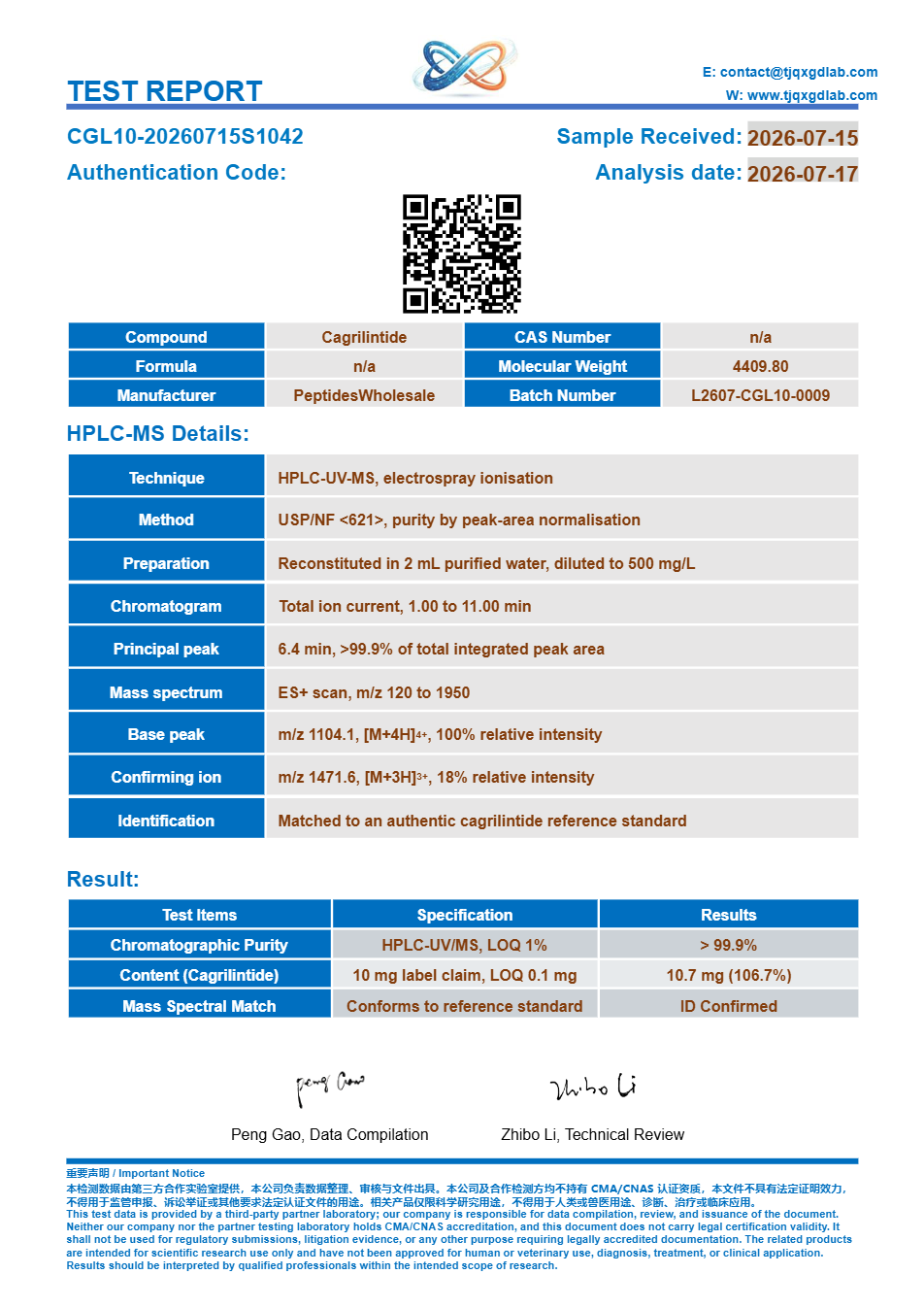 Certificate of analysis, Cagrilintide 10 mg, batch CGL10-20260715S1042, >99.9% HPLC purity