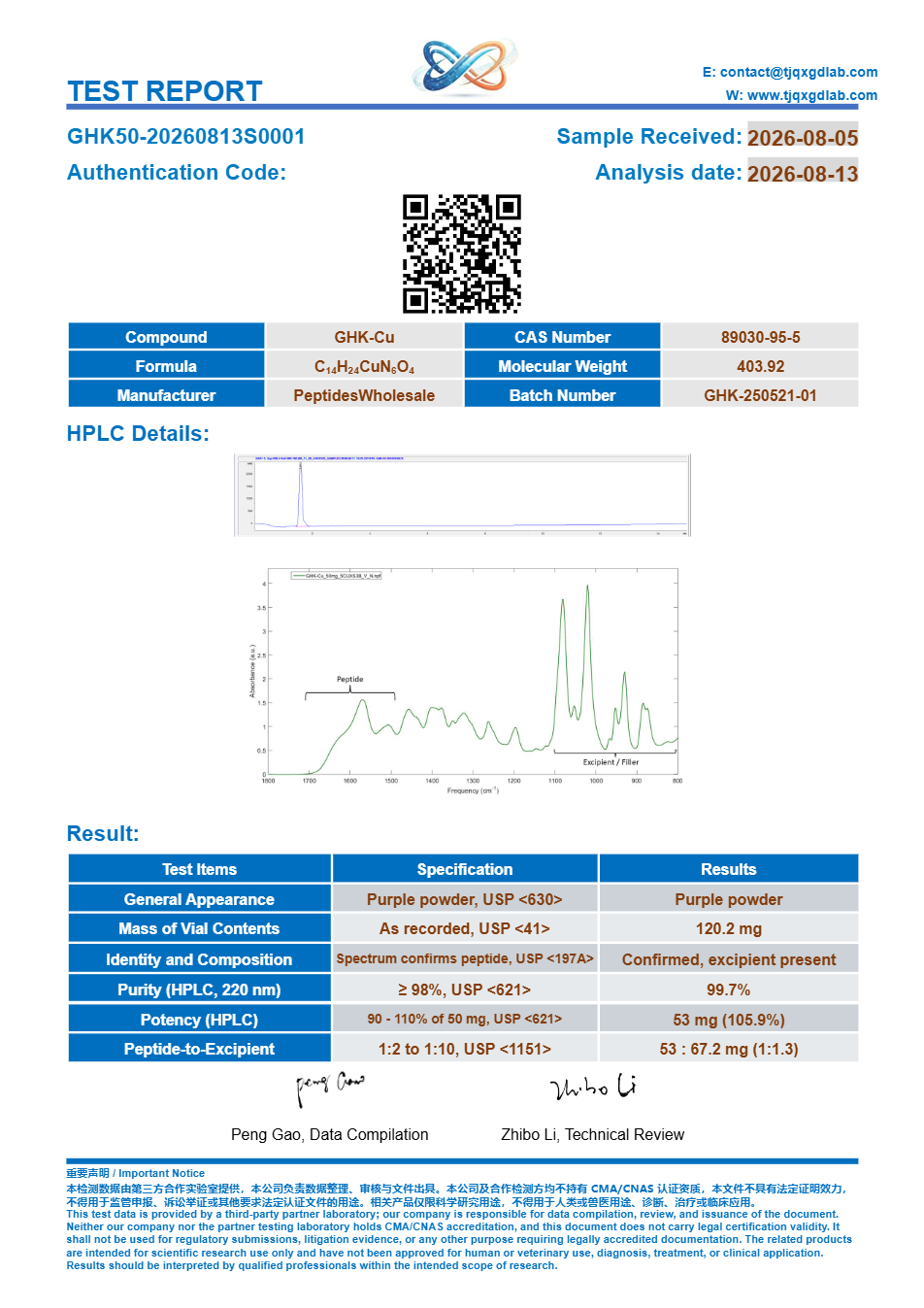 Certificate of analysis, GHK-Cu 50 mg, batch GHK50-20260813S0001, 99.7% HPLC purity