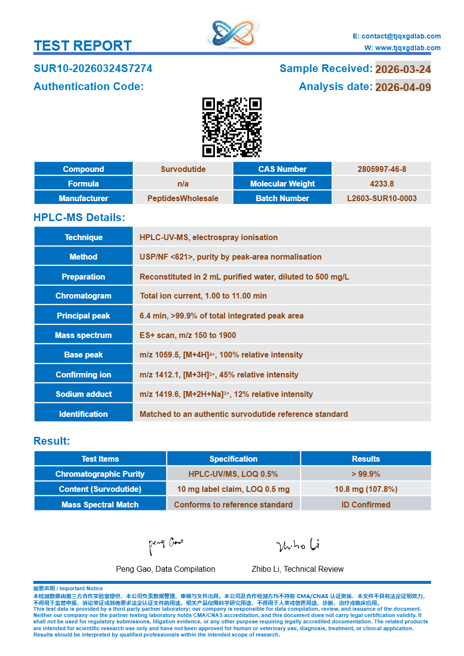 Certificate of analysis, Survodutide 10 mg, batch SUR10-20260324S7274, >99.9% HPLC purity