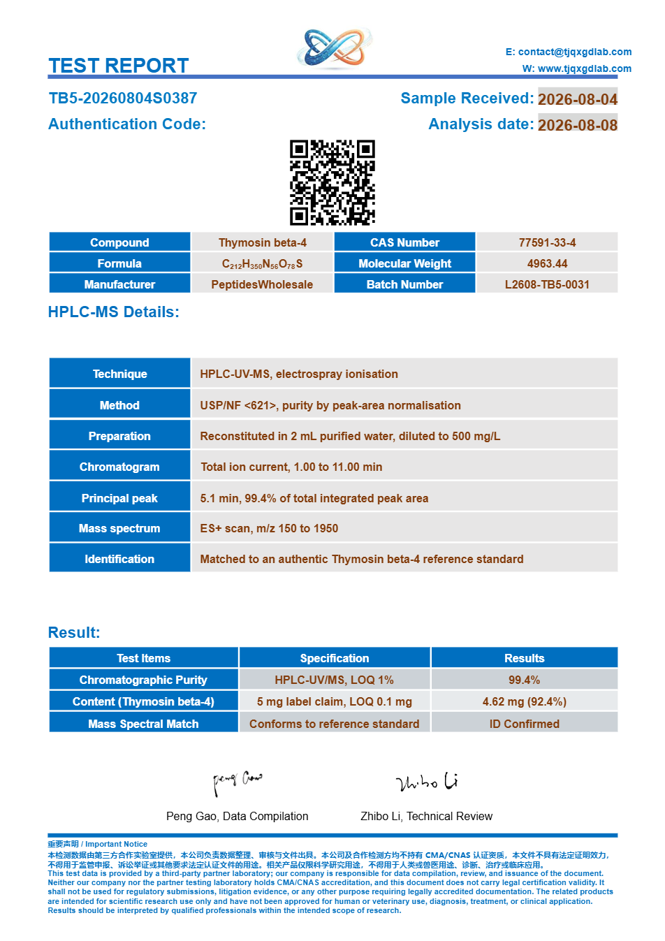 Certificate of analysis, Thymosin beta-4 5 mg, batch TB5-20260804S0387, 99.4% HPLC purity