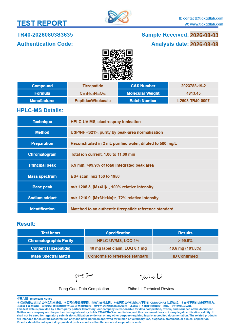 Certificate of analysis, Tirzepatide 40 mg, batch TR40-20260803S3635, >99.9% HPLC purity